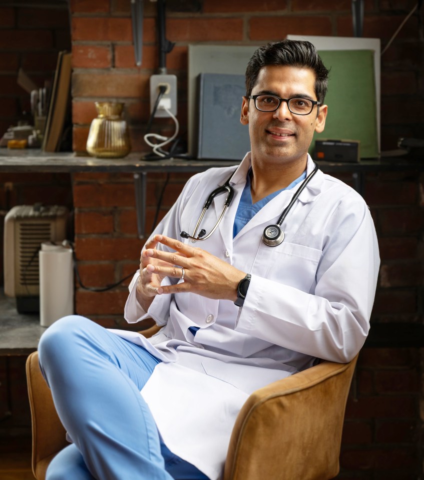 Dr. Saurabh Sethi, a gastroenterologist, wearing a white lab coat and stethoscope, sitting in a chair.