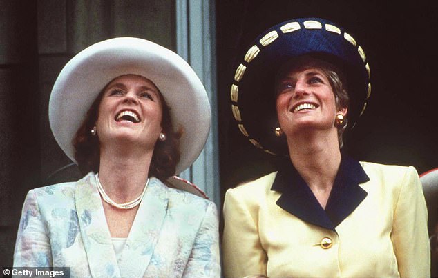 Sarah Ferguson and Diana are pictured on the Buckingham Palace balcony in June 1991