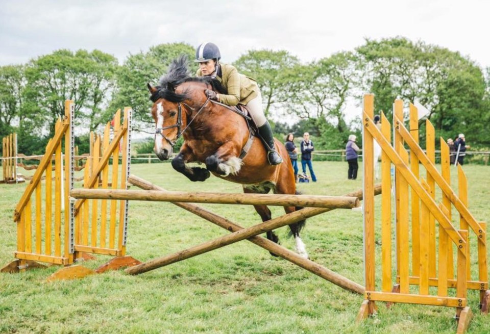 A person in riding gear on a horse jumping over a wooden hurdle on a grassy field.