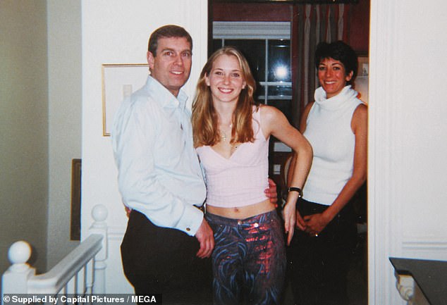 Prince Andrew was pictured smiling while standing with his left arm around the waist of the late Virginia Roberts, formerly named Virginia Giuffre, and Ghislaine Maxwell