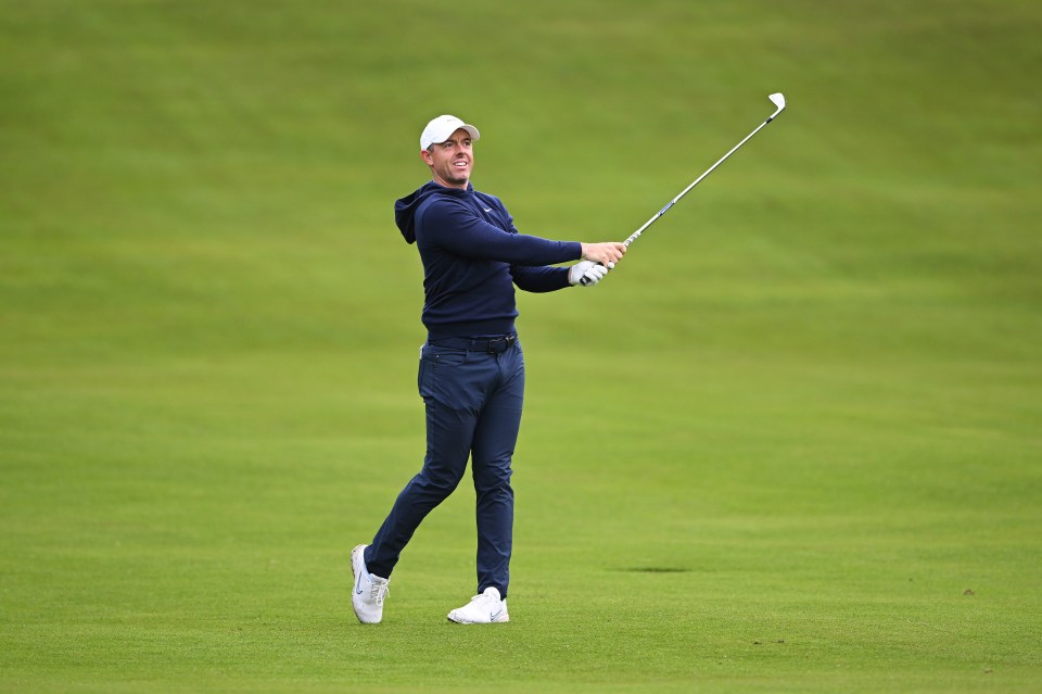 Rory McIlroy of Northern Ireland reacting after playing a shot at the BMW PGA Championship 2025.