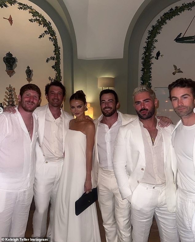 The lavish wedding weekend also featured a white party, with the celeb crowd showing off their matching looks for the pre-wedding bash. (Pictured: Miles Teller, Keleigh Teller, Zac Efron and Chace Crawford)
