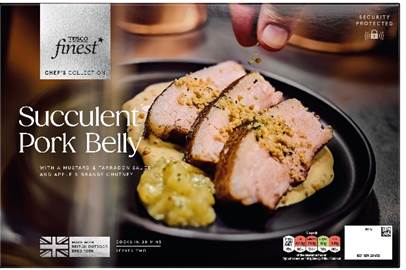 Tesco Finest Chef's Collection Succulent Pork Belly ready meal packaging.