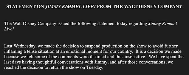 Pictured, Disney's statement Monday announcing Kimmel's return