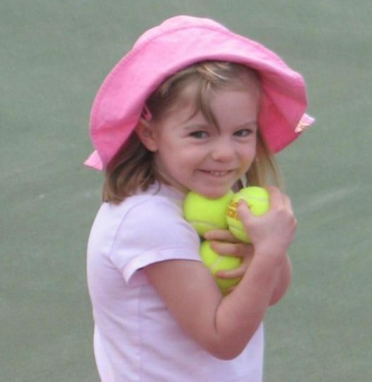 Missing three-year-old Madeleine McCann on a tennis court.