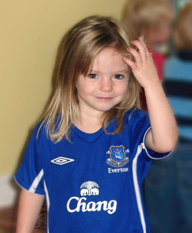 Madeleine McCann wearing an Everton Football Club shirt.