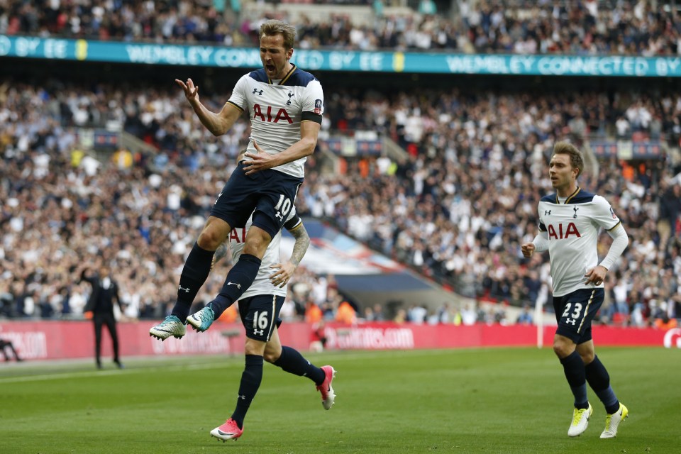 Tottenham Hotspur striker Harry Kane celebrating a goal at Wembley Stadium.