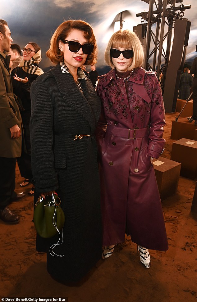 While the inspiration for the role of Miranda, Vogue's Anna Wintour was also in attendance, teaming her signature fringed bob and shades with a floral embroidered burgundy trench