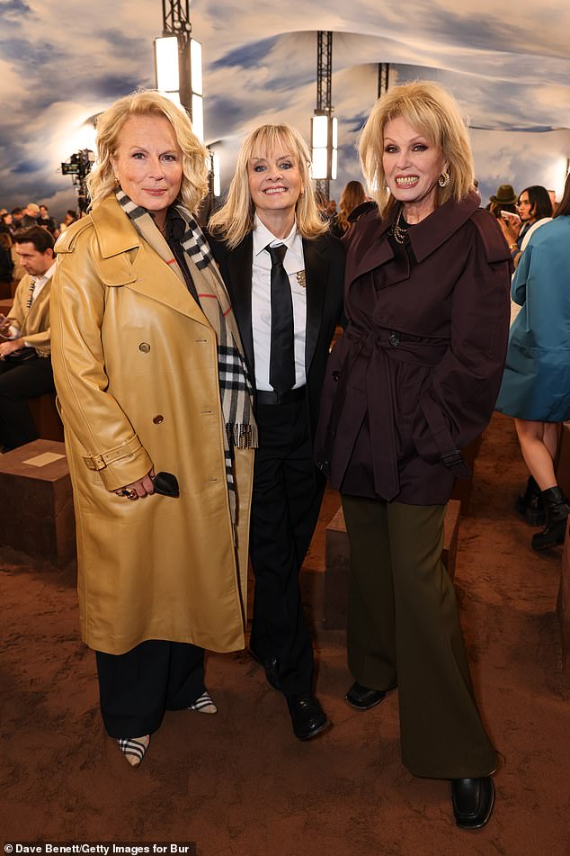 Joanna Lumley and Jennifer Saunders enjoyed an Absolutely Fabulous reunion at the show, with both actresses putting their best fashion foot forward (L-R Jennifer, Twiggy and Joanna)
