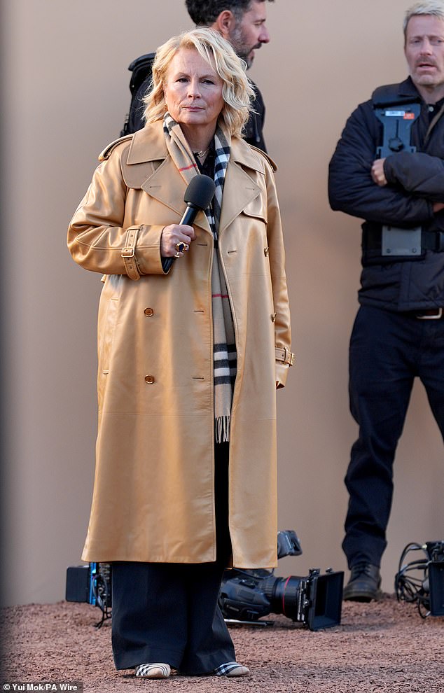 While Jennifer opted for a timeless classic, slipping into a camel-coloured leather trench with the famous Burberry Check scarf