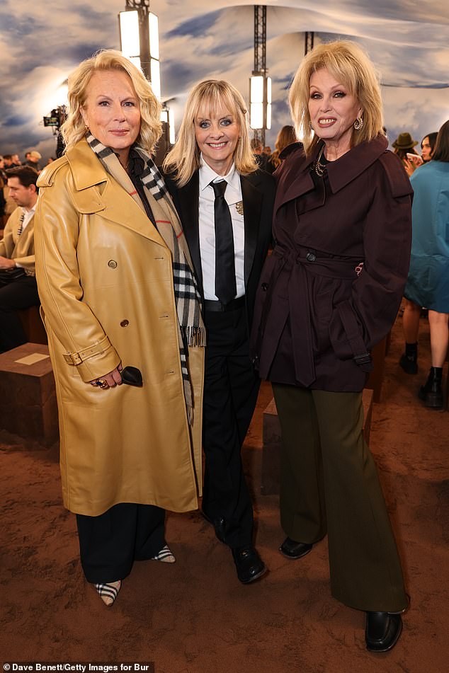 The two pals posed with iconic 60s model Twiggy , who dressed to impress in a smart black blazer and matching trousers, teamed with a crisp white shirt and satin tie