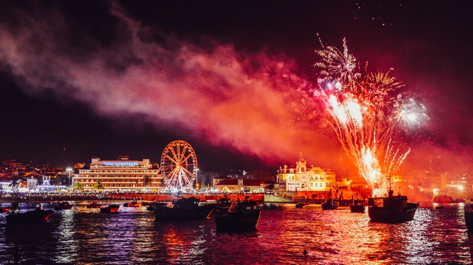 New Year's Eve fireworks at Cascais Bay near Lisbon, Portugal.