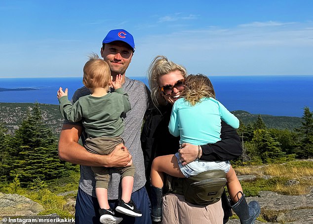 Kirk, who was 31 when he was killed, is survived by his wife Erika, with whom he had a three-year-old daughter and a son, 16 months, seen here