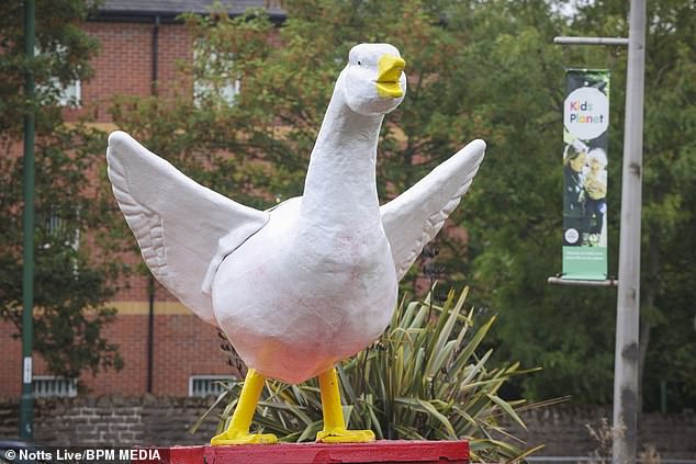 Two-metre tall Goosey the Goose, the centrepiece of Nottingham's annual Goose Fair, was daubed with red paint