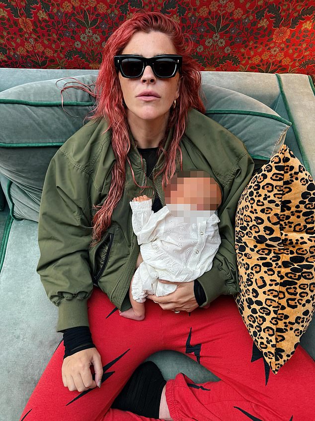 Basil (pictured with his mum) joins a family of eccentrically named members, including a horse called Disco Dinosaur Wonky Donkey and three dogs, named Pablo Escobark, Disco Rita and Gloria Estefan