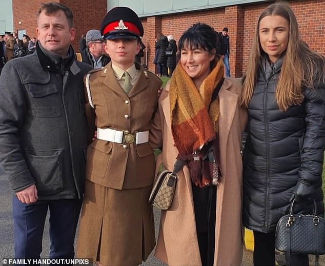 It's easy to see why a woman who felt ignored once was reluctant to speak out when she became the victim of the attentions of another superior, Bombardier Ryan Mason. Pictured: Jaysley, second left, with her mother, second right, father, left, and sister, right, after passing out