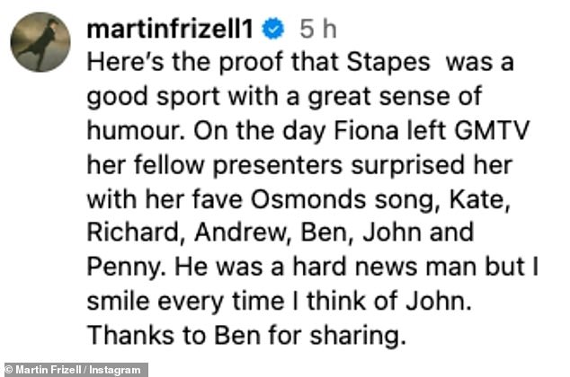 Martin captioned the clip: 'Here¿s the proof that Stapes was a good sport with a great sense of humour. On the day Fiona left GMTV her fellow presenters surprised her'