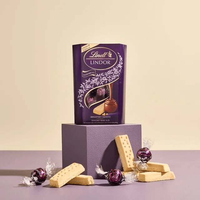 Lindt Lindor Shortbread chocolate truffle box with shortbread fingers and individual truffles.