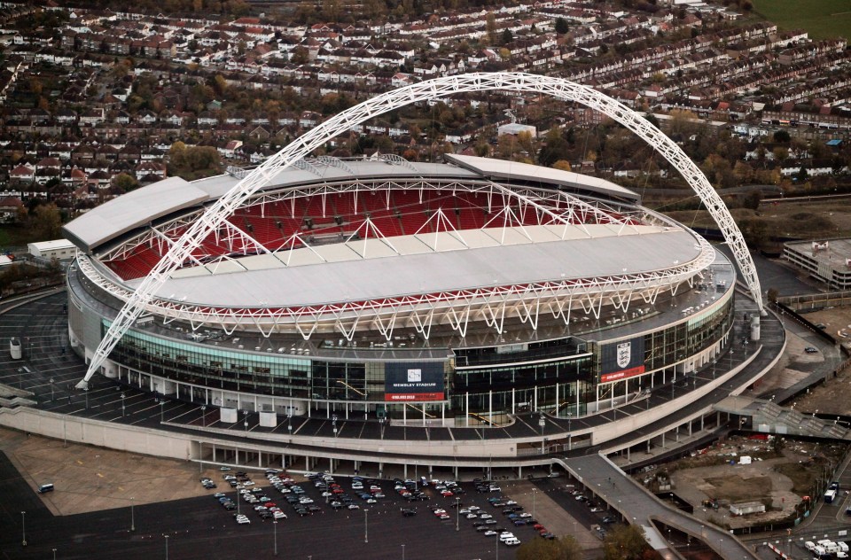Aerial view of Wembley Stadium in London.