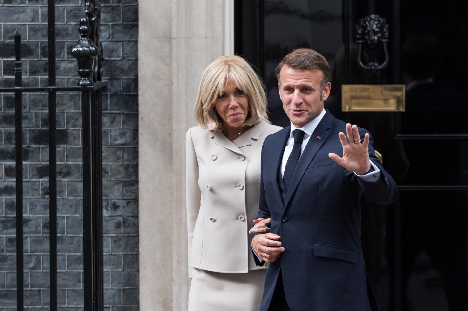 Emmanuel Macron, President of France, and his wife Brigitte Macron leaving 10 Downing Street.