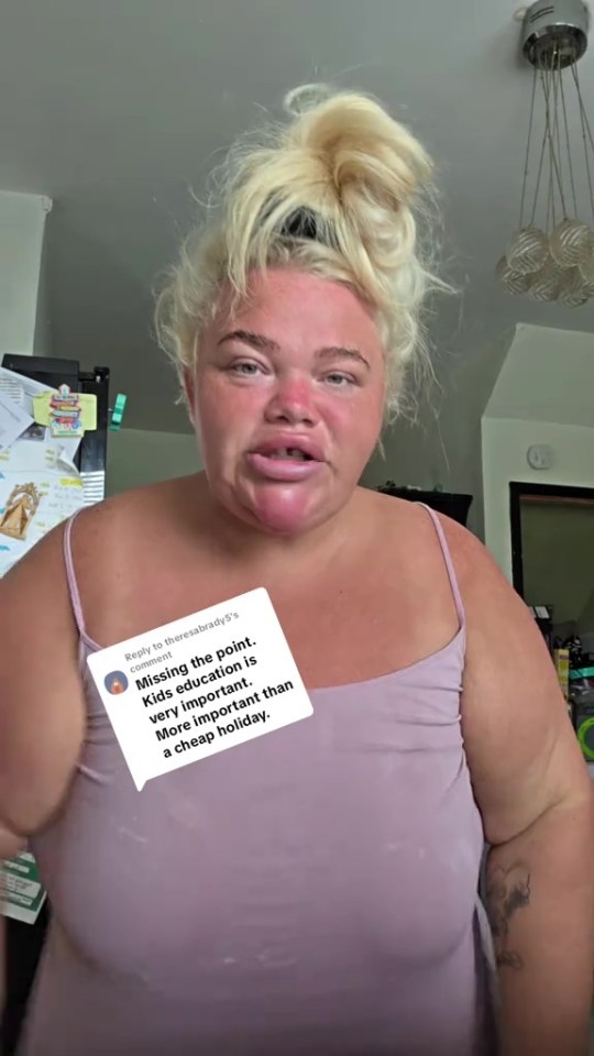 A woman with a high blonde bun and wearing a light purple camisole, with a comment overlay that reads, "Missing the point. Kids education is very important. More important than a cheap holiday."