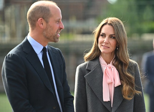 The Prince and Princess of Wales (pictured) met privately this morning with the grieving parents and younger sibling of little Elsie Dot Stancombe during a visit to her former school in Southport
