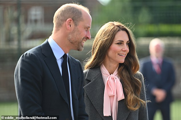William and Kate (pictured), both 43, visited Farnborough Road Infant and Junior School where Elsie, seven, had been a pupil at the time of her murder