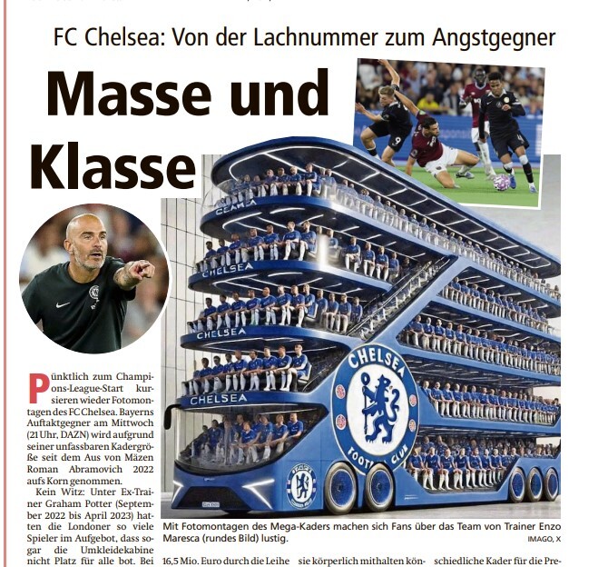 Illustration of a newspaper article about Chelsea FC, featuring a multi-deck bus filled with Chelsea players, a headshot of Chelsea coach Enzo Maresca, and a football match in progress.