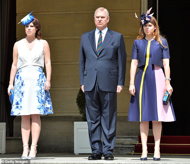 Prince Andrew, Duke of York hosts the annual Not Forgotten Association Garden Party, accompanied by Princess Beatrice and Princess Eugenie (L) at Buckingham Palace on May 26, 2016