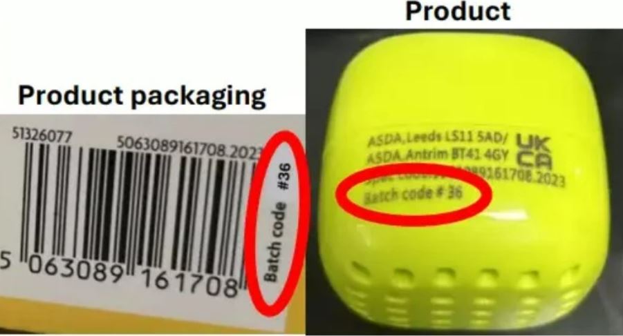 Image comparing a product's packaging with its physical form, highlighting the batch code #36 on both with a red circle.