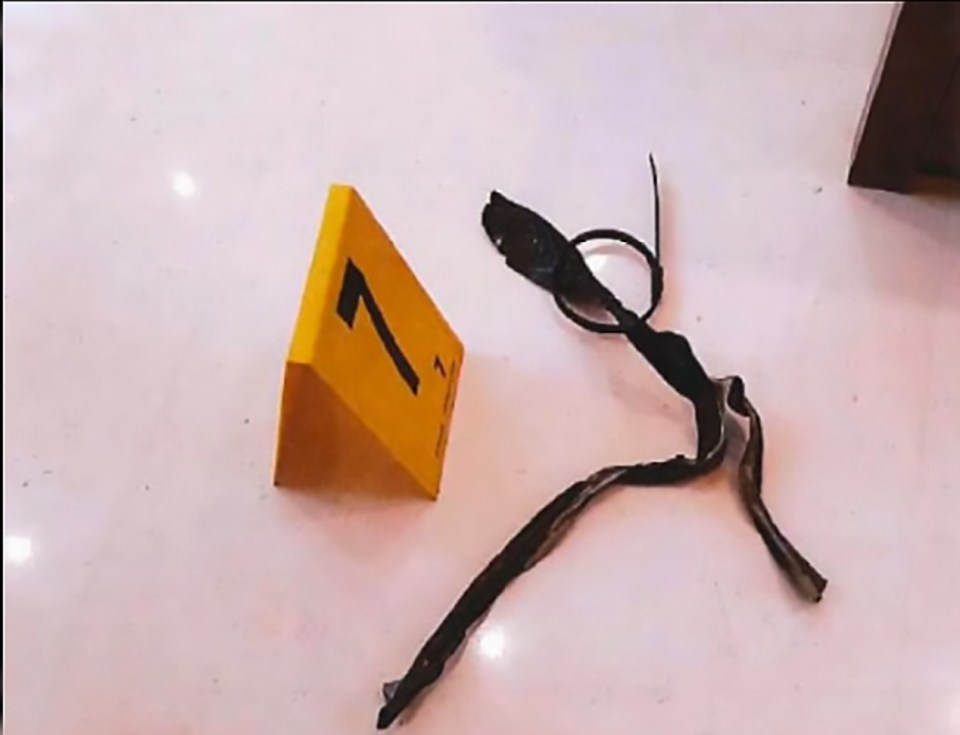 Crime scene photo of a gag and a zip tie next to a number 7 evidence marker.
