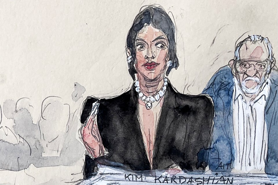 Illustration of Kim Kardashian testifying in court, next to co-accused Aomar Ait Khedache.