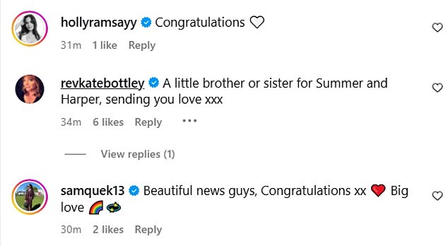Fans and celebrity friends including Sam Quek and Holly Ramsay rushed to comment to congratulate the couple