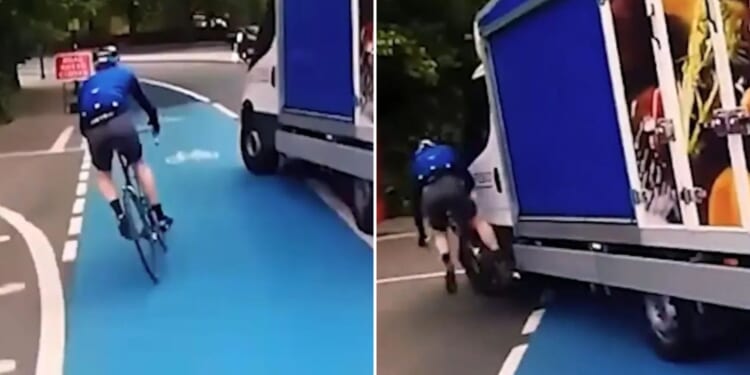 Moment Tesco van rams into cyclist while turning left across bike lane… but some viewers can’t decide who’s wrong