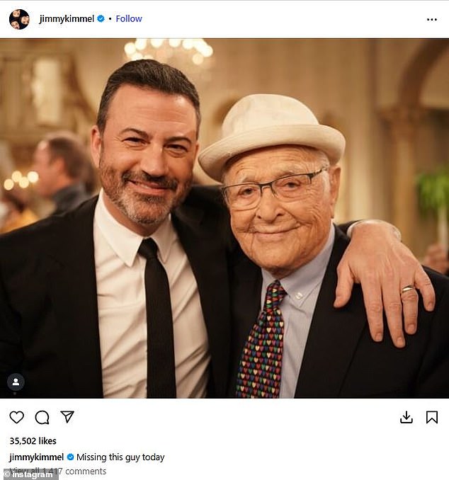 'Missing this guy today,' Kimmel wrote alongside a photo of himself with legendary TV producer Norman Lear, who passed away in December 2023 (seen in 2022)