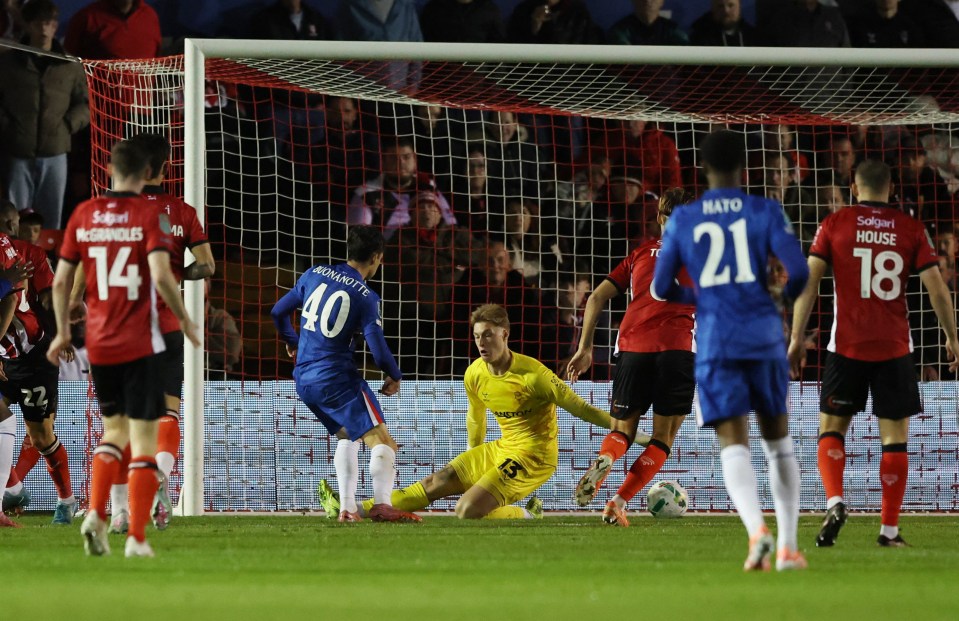 Chelsea's Facundo Buonanotte (40) scores their second goal against Lincoln City.