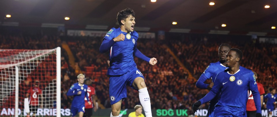 Facundo Buonanotte of Chelsea celebrates scoring his team's second goal during a football match.