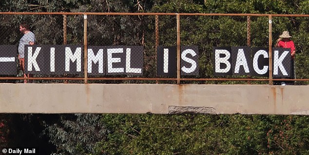 KIMMEL IS BACK, declares a large sign displayed over the 101 freeway in Hollywood, CA, on Tuesday 23rd September 2025.Jimmy Kimmel is slated to resume taping of his chat show today, Tuesday, after Disney ended his suspension.The â¿¿Jimmy Kimmel Live' show was taken off the air after Kimmel made jokes relating to Charlie Kirk's death that appeared to upset Donald Trump and the  FCC (Federal Communications Commission).Pic- Andy Johnstone for DailyMail.com***NO BYLINE***