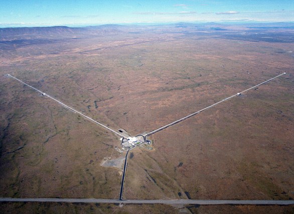 LIGO (pictured) is made up of two observatories that detect gravitational waves by splitting a laser beam and sending it down several mile (kilometer) long tunnels before merging the light waves together again
