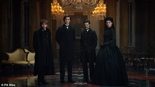 The gritty period drama tells the story of the legendary family behind the world-famous brewery, set against the backdrop of 19th-century Dublin and New York (Fionn O'Shea, Louis Partridge, Anthony Boyle and Emily Fairn pictured in show)