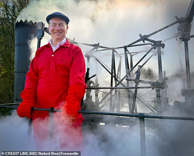 Portillo onboard the working replica of Locomotion No. 1, Weardale Heritage Railway