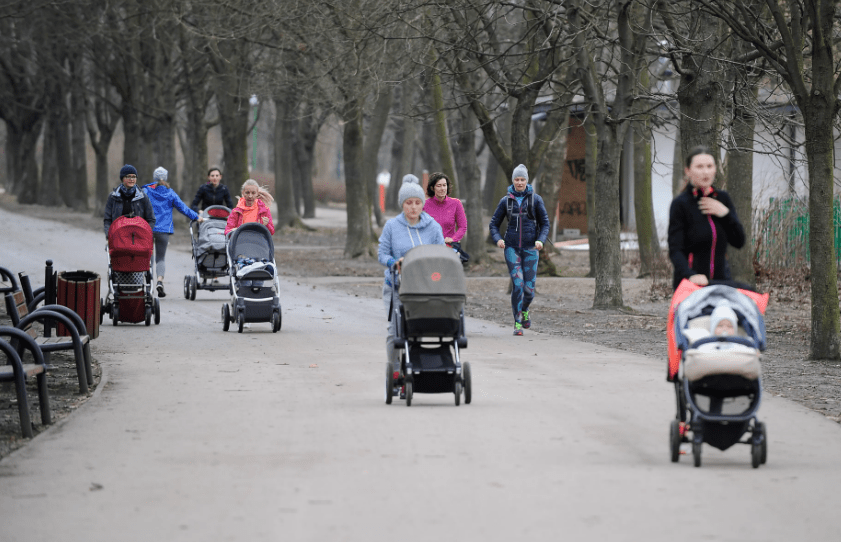 Women pushing strollers on a path in a park.