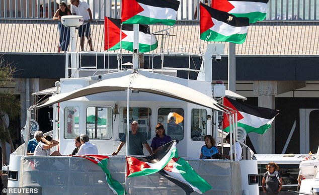 Swedish activist Greta Thunberg and other Global Sumud Flotilla members wait on their boat to depart to Gaza from Barcelona, Spain September 1, 2025