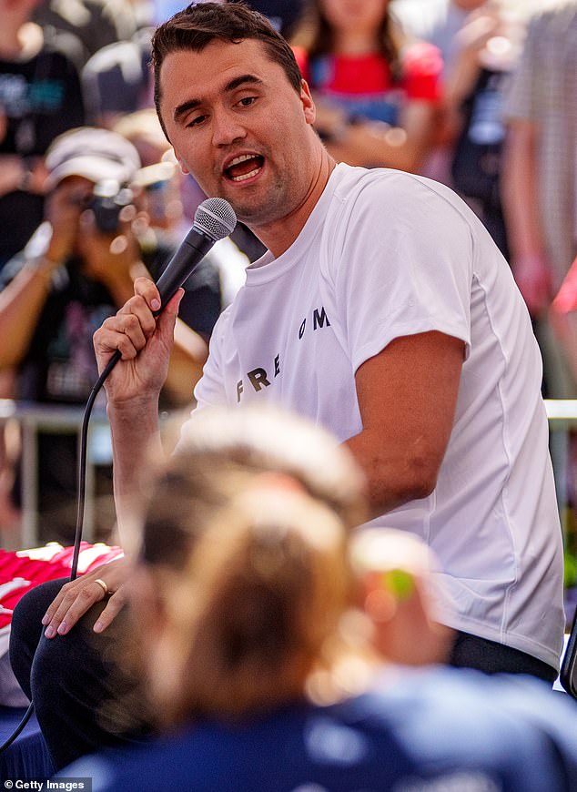 His offending remark was about Charlie Kirk, 31, pictured just before he was fatally shot in the neck during an event at Utah Valley University nearly two weeks ago