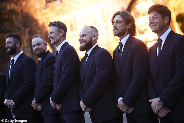 Jon Rahm, Shane Lowry, Justin Rose, Tyrrell Hatton, Tommy Fleetwood and Viktor Hovland of Team Europe pose for a photo