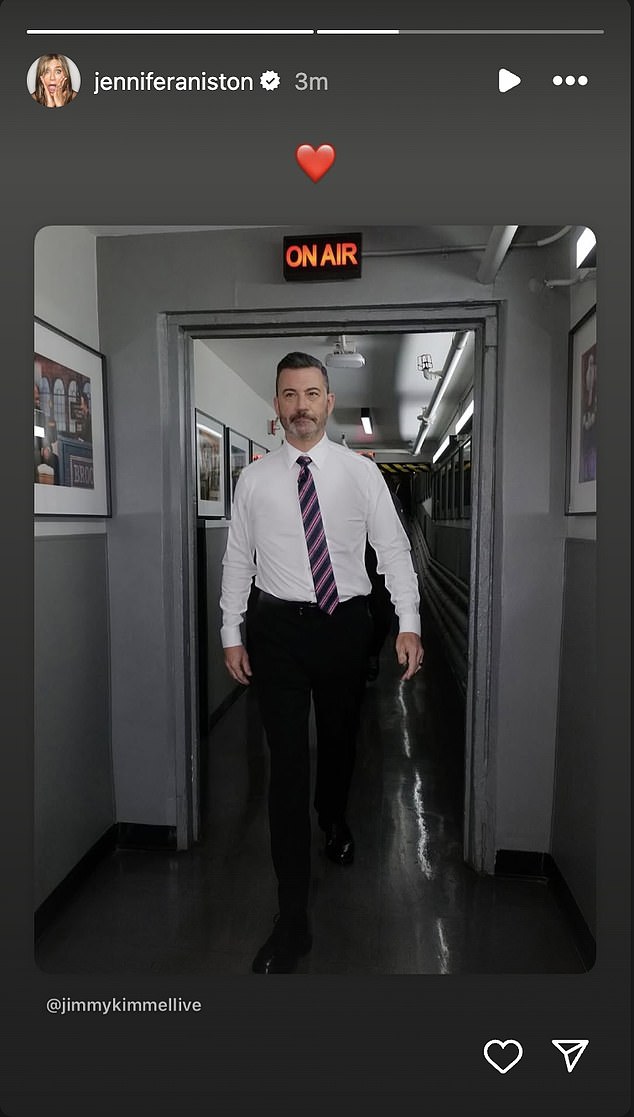 Aniston showed support for Kimmel for the first time amid the Kirk controversy by posting to her Instagram Story shortly after his comeback episode came to an end