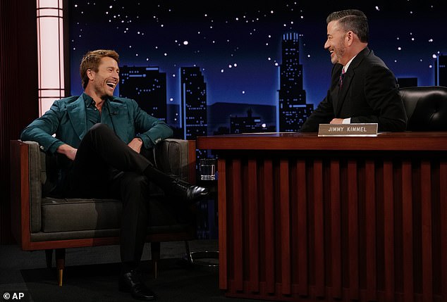 Kimmel welcomed first guests back Glenn Powell, who said he was 'honored' and 'glad' the host was back