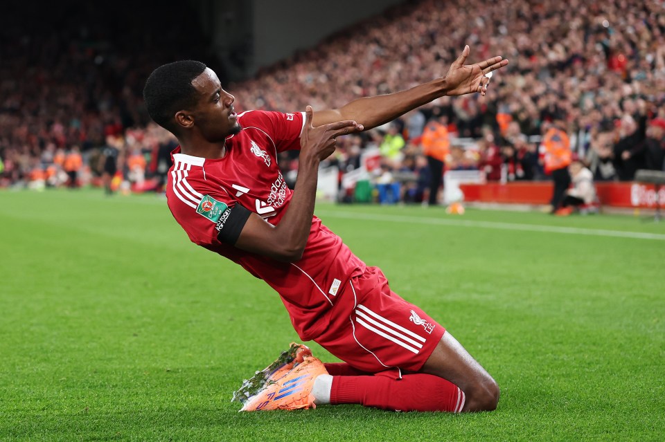 Alexander Isak of Liverpool celebrates scoring a goal.