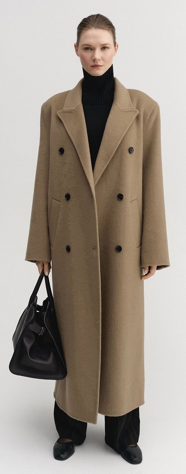 A double-breasted long coat in camel is always a chic classic, such as this one from Almada