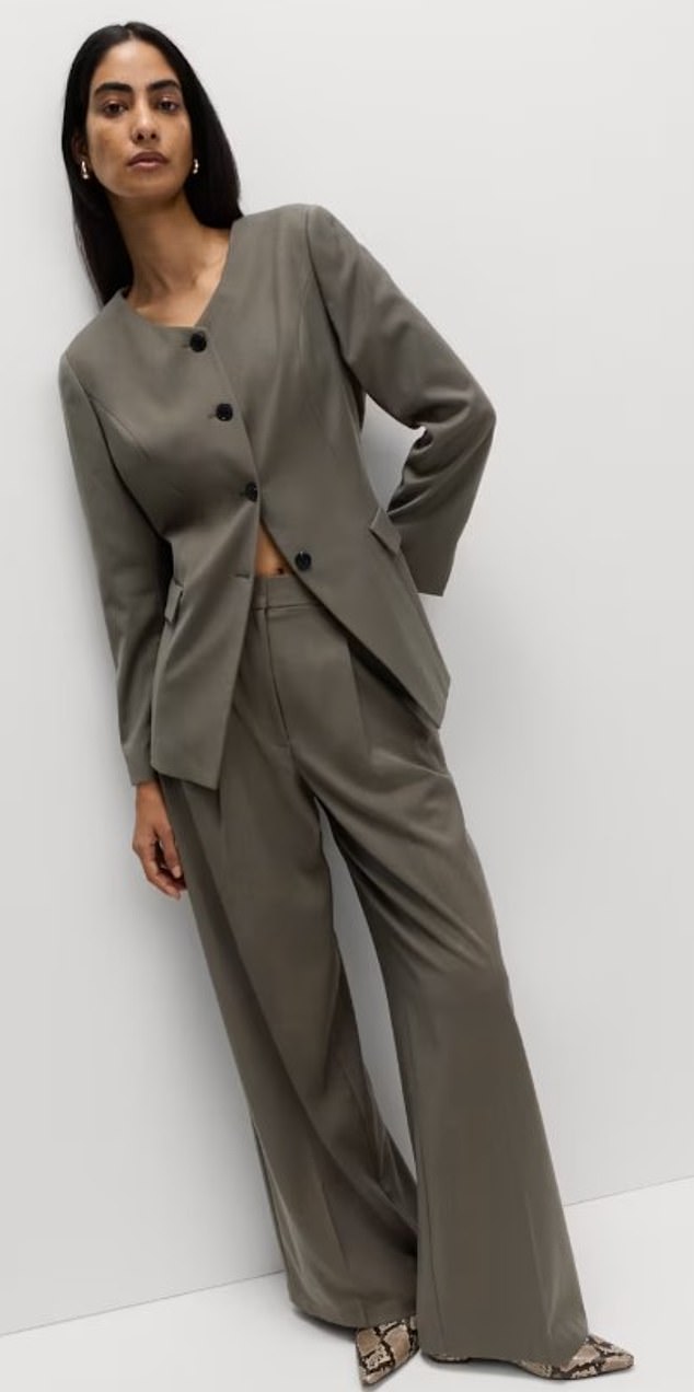 Collarless suits are a fun new twist on the traditional type, such as this from Marks & Spencer